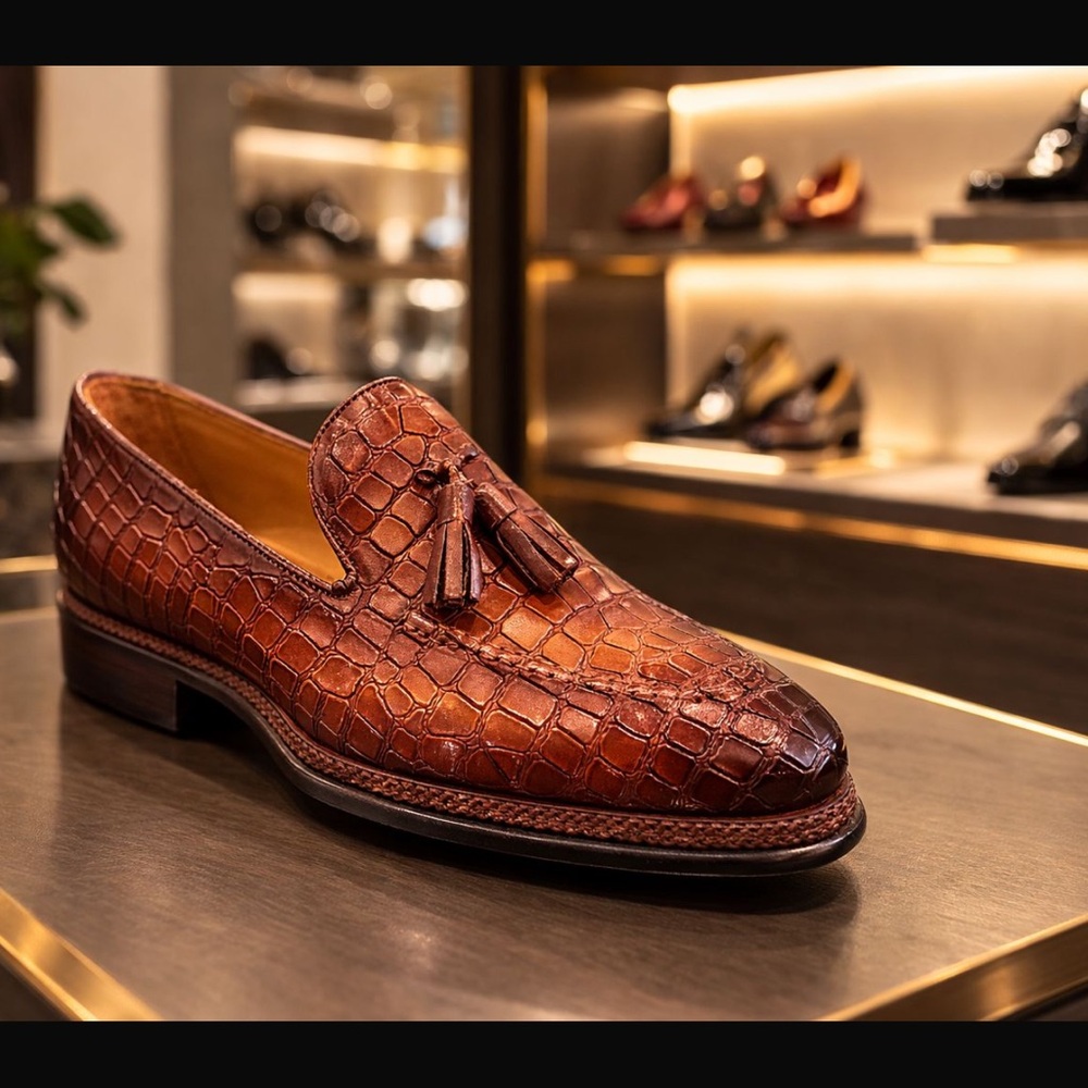 Men's Brown Croc-Embossed Tassel Loafers